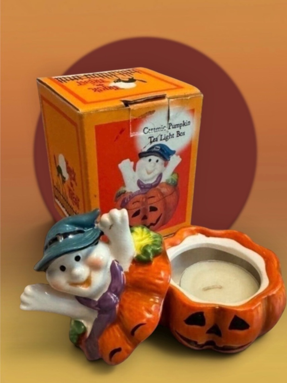 Ceramic Pumpkin Tea Light Holder Halloween Festival 3”
